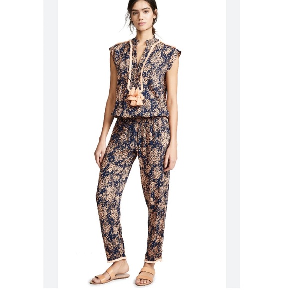 Poupette St Barth Donna Lace Tassle Trimmed  Jumpsuit Navy Dream - Picture 1 of 12